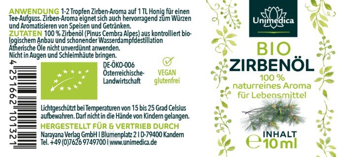 Bio Zirbenöl - 100 % naturreines Arvenöl - Zirben-Aroma - ätherisches Öl - 10 ml - von Unimedica