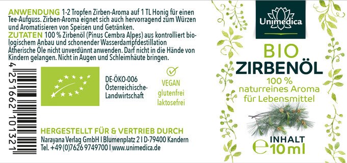Bio Zirbenöl - 100 % naturreines Arvenöl - Zirben-Aroma - ätherisches Öl - 10 ml - von Unimedica