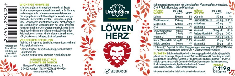 Löwenherz* - Komplex mit Kalium, Weißdornextrakt, OPC, Q10, Thiamin - 120 Kapseln - von Unimedica