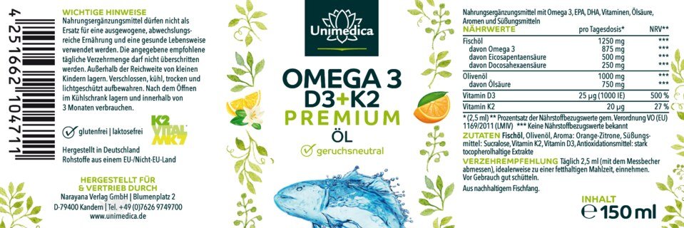 Oméga 3 + vitamines D3 + K2 - huile - par Unimedica