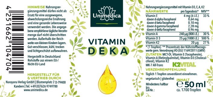 Vitamin DEKA Tropfen - mit allen fettlöslichen Vitaminen in einem starken Kombi-Produkt - 50 ml - von Unimedica