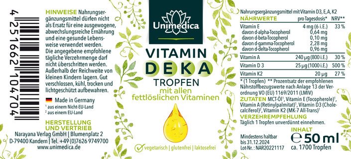 Gouttes de vitamines D E K A - avec toutes les vitamines liposolubles - 50 ml - par Unimedica
