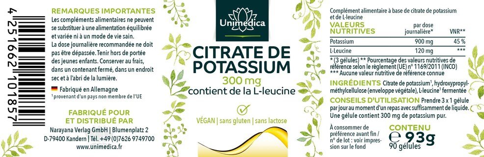 Lot de 2: Citrate de potassium avec L-leucine - 300 mg - 2 x 90 gélules - Unimedica