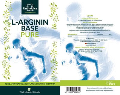 L-Arginin Base Pure Pulver - 5 g pro Tagesdosis (1 Messlöffel) - hochdosiert - aus pflanzlicher Fermentation - 500 g - von Unimedica