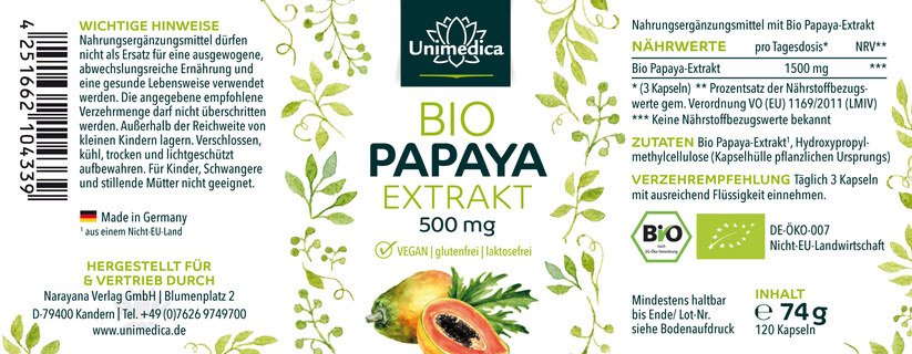 Lot de 2: Extrait de papaye BIO  1 500 mg par dose journalière - 120 gélules - par Unimedica