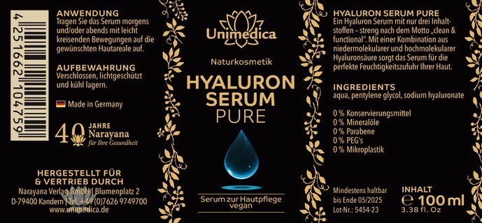Hyaluron Serum Pure - Hyaluronsäure Serum - hochdosiert - 100 ml - von Unimedica