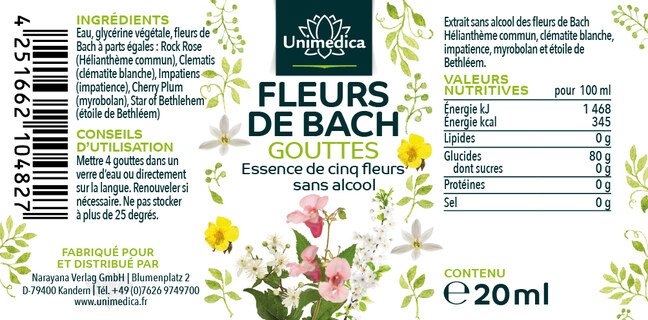 Fleurs de Bach gouttes  élixirs floraux  sans alcool - 20 ml - par Unimedica