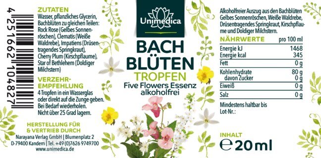 Bachblüten Tropfen - Five Flowers Essenz - alkoholfrei - 20 ml - von Unimedica
