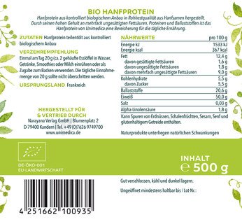 2er-Sarset: Bio Hanfprotein - 2 x 500 g - teilentölt - 50 % Proteine - Rohkostqualität - vegan - von Unimedica