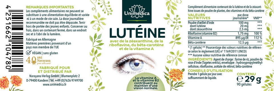 Lutéine - avec zéaxanthine + vitamine B2 + bêta-carotène + vitamine A - 90 gélules - par Unimedica