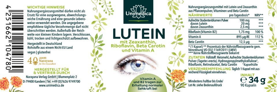 Lutein - mit Zeaxanthin + Vitamin B2 + Beta Carotin + Vitamin A - 90 Kapseln - von Unimedica