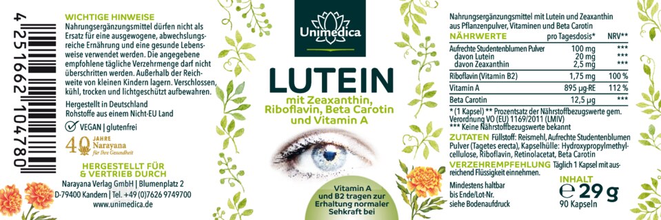 Lutéine - avec zéaxanthine + vitamine B2 + bêta-carotène + vitamine A - 90 gélules - par Unimedica
