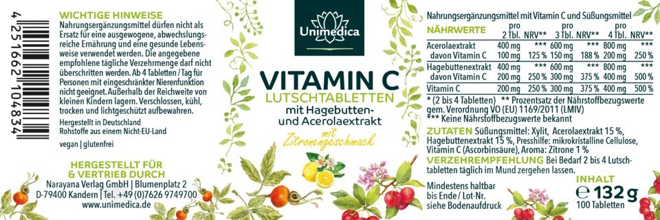 Vitamin C Lutschtabletten - mit Hagebutten- und Acerolaextrakt - 250 mg Vitamin C pro Tablette - Zitronengeschmack - 100 Lutschtabletten - von Unimedica