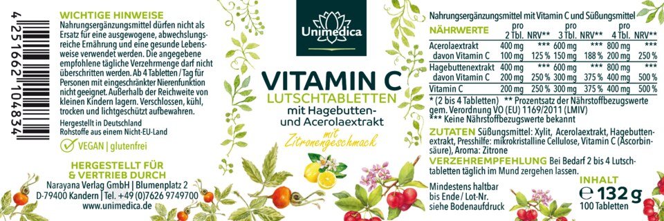 Vitamin C Lozenges - 250 mg per lozenge - Lemon - 100 lozenges - from Unimedica