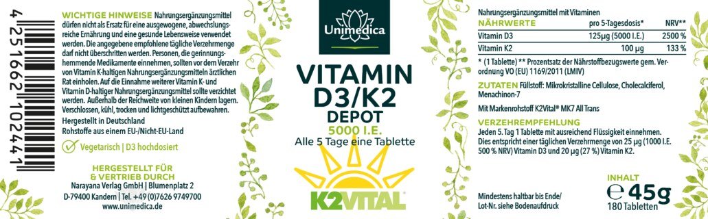 Sparset: Vitamin A Tropfen - 1.500 µg / 5.000 I.E pro Tagesdosis - hochdosiert - 50 ml UND - Vitamin D3/K2 5000 I.E. - 125 µg D3 und 100 µg K2 - 180 Tabletten im Set - von Unimedica