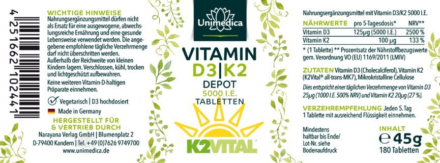 Lot éco: Gouttes de vitamines A - 1500 µg / 5000 UI hautement dosé ET Vitamine D3/K2 5 000 UI 125 µg D3 et 100 µg K2 par dose journalière - par Unimedica
