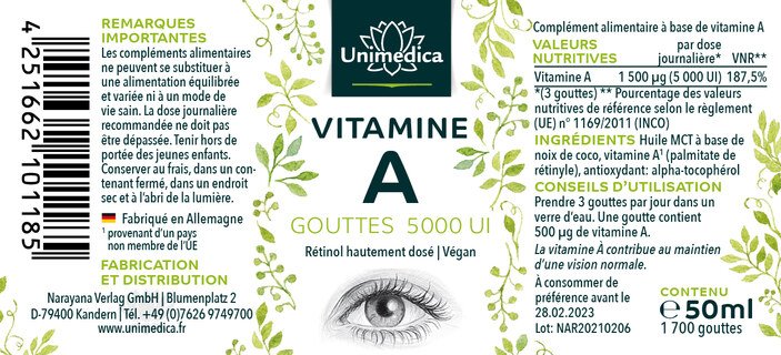 Lot: Gouttes de vitamines A - 1500 µg / 5000 UI hautement dosé ET Vitamine D3/K2 5 000 UI 125 µg D3 et 100 µg K2 par dose journalière - par Unimedica