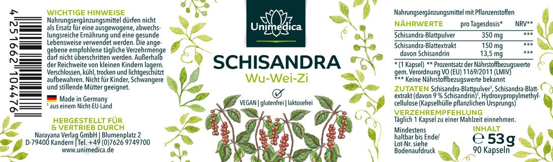 2er-Sparset: Schisandra - Blattextrakt mit 9 % Schisandrin - 150 mg pro Tagesdosis - 2 x 90 Kapseln - von Unimedica