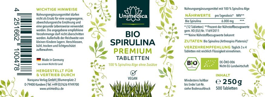 Set: Premium Organic Spirulina - 6000 mg per daily intake - high-dose - 2 x 500 tablets - from Unimedica