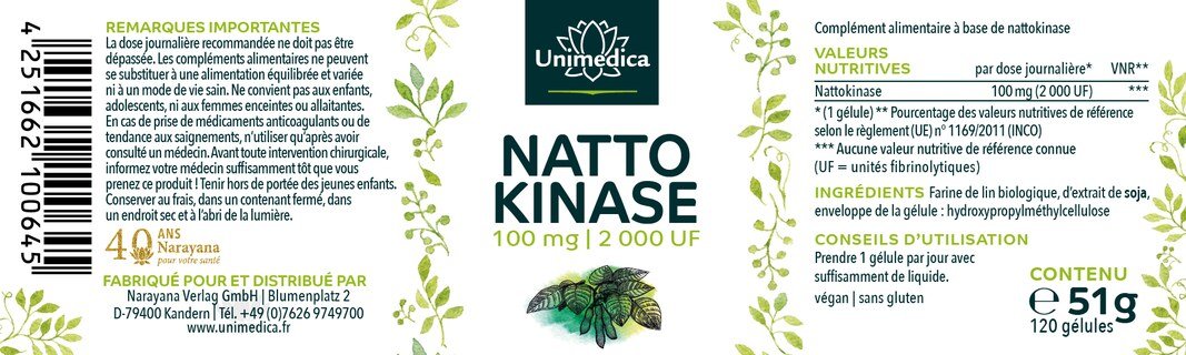 Lot de 2: Nattokinase - 100 mg / 2 000 FU hautement dosée - 2 x 120 gélules - par Unimedica
