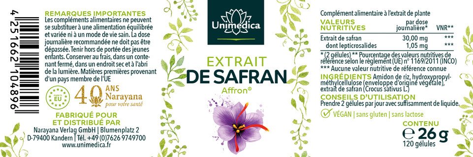 Saffron Capsules - with 30 mg Affron® Saffron Extract  3.5 % Lepticrosalides - 120 capsules - from Unimedica
