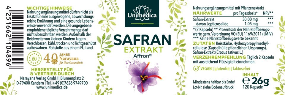 Gélules de safran - avec 30 mg d'extrait de safran Affron® - 3,5 % de lepticrosalides - 120 gélules  par Unimedica