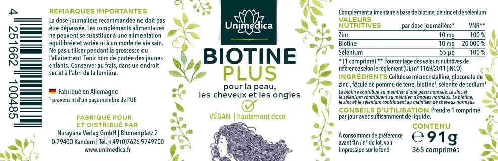 Lot de 2: biotine plus avec sélénium et zinc- 2 x 365 comprimés  d'Unimedica