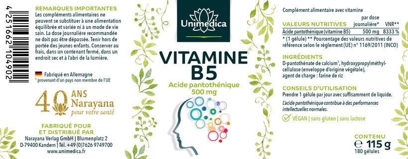 Vitamine B5  acide pantothénique - 500 mg par dose journalière (1 gélule)  hautement dosée - 180 gélules - par Unimedica