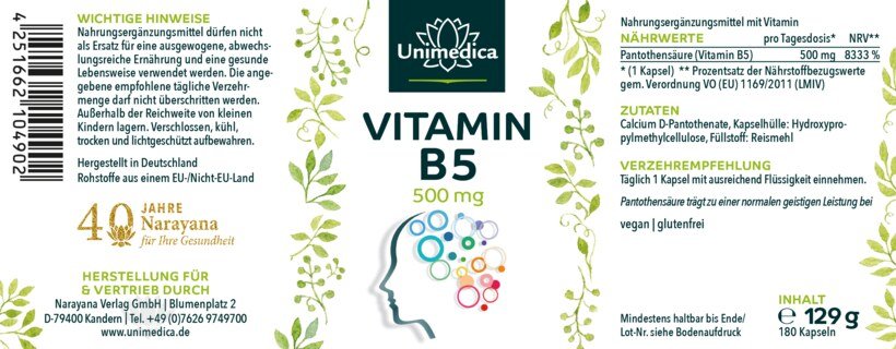 Vitamin B5 - Pantothensäure - 500 mg pro Tagesdosis (1 Kapsel) - hochdosiert - 180 Kapseln - von Unimedica