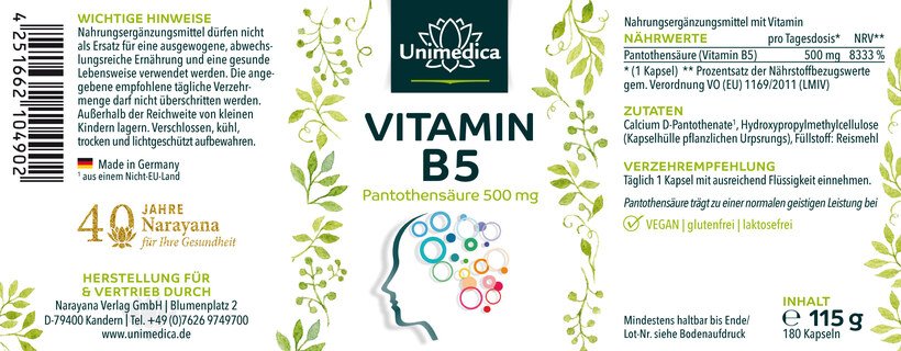 Vitamin B5 - Pantothensäure - 500 mg pro Tagesdosis (1 Kapsel) - hochdosiert - 180 Kapseln - von Unimedica
