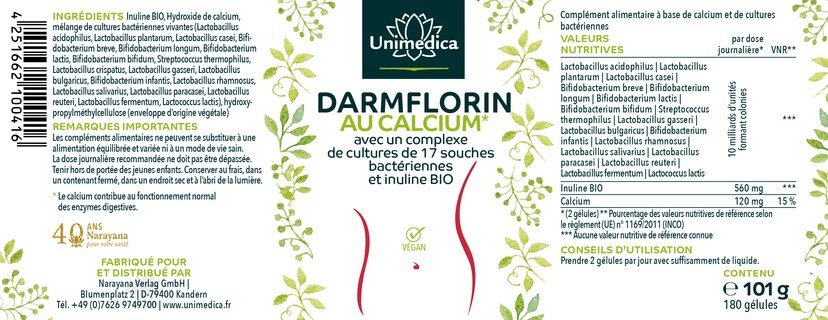 Lot de 2: Darmflorin avec calcium - avec complexe de cultures de 17 souches bactériennes et inuline BIO - 2 x 180 gélules - par Unimedica