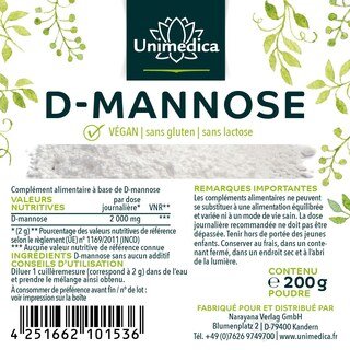 Lot de 2: D-mannose  2 000 mg par dose journalière - 2 x 200 g de poudre - par Unimedica