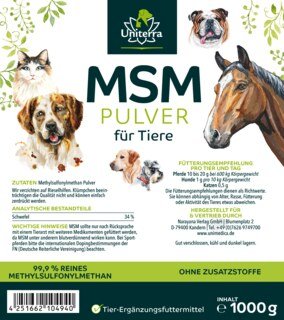 MSM für Hunde, Katzen und Pferde - MSM Pulver für Tiere - 99,9 % reines Methylsulfonylmethan - Ergänzungsfuttermittel - 1 kg - von Uniterra