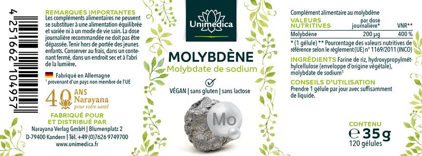 Molybdène  hautement dosé - 200 µg par dose journalière (1 gélule) - 120 gélules - par Unimedica