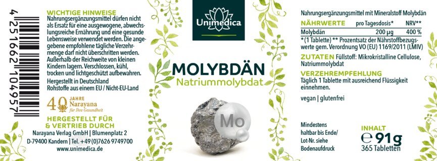 Molybdän - hochdosiert - 200 µg pro Tagesdosis (1 Tablette) - 365 Tabletten - von Unimedica