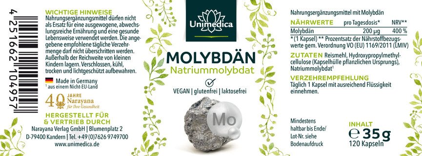Molybdän - hochdosiert - 200 µg pro Tagesdosis (1 Kapsel) - 120 Kapseln - von Unimedica