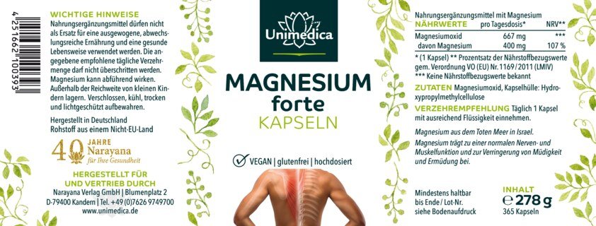 Lot de 2: Magnesium forte - 400 mg per daily dose - 2 x 365 gélules - par Unimedica
