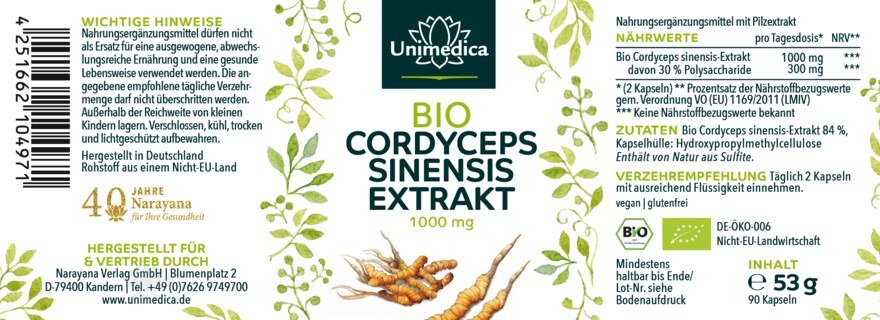Bio Cordyceps - 1000 mg pro Tagesdosis (2 Kapseln) - mit 30 % Polysacchariden - hochdosiert - 90 Kapseln - von Unimedica