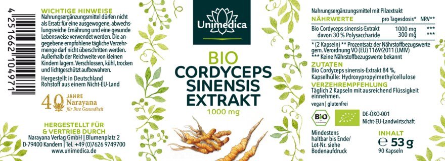 Cordyceps sinensis bio  1 000 mg par dose journalière (2 gélules)  extrait avec 30 % de polysaccharides  hautement dosé - 90 gélules - par Unimedica