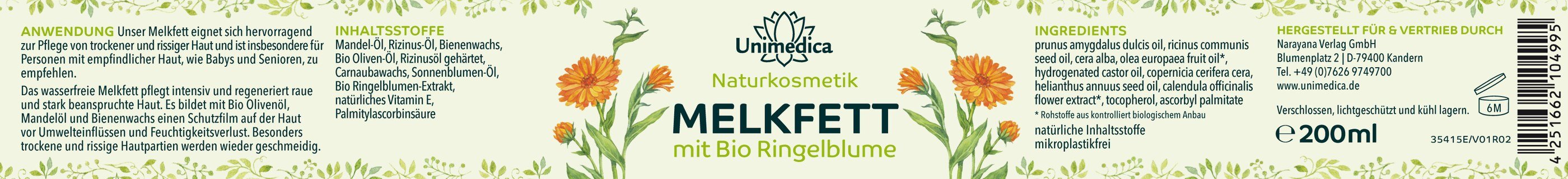 Melkfett mit Bio Ringelblume - natürliche Pflege für stark beanspruchte Haut - 200 ml - von Unimedica