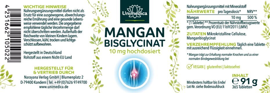 Manganèse  bisglycinate de manganèse - 10 mg par dose journalière (1 comprimé) - 365 comprimés - par Unimedica