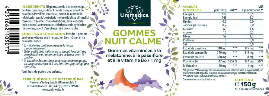 Gommes Nuit calme  Gommes vitaminées à la mélatonine, à la passiflore et à la vitamine B6  hautement dosées - véganes - 60 gommes - par Unimedica
