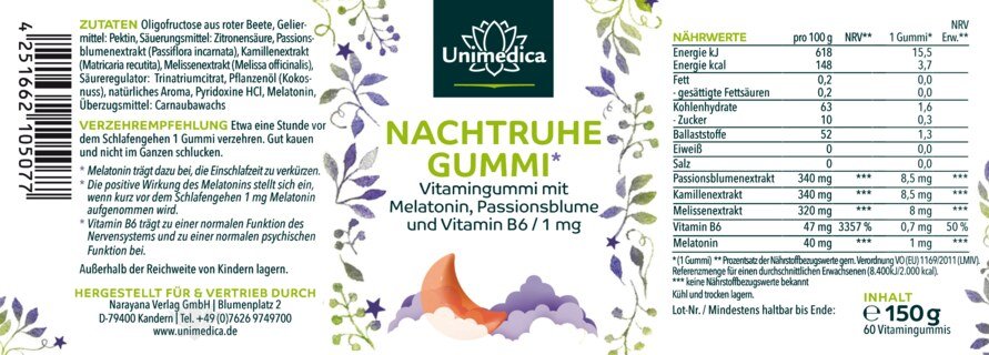 Nachtruhe Gummi - Vitamingummi mit Melatonin, Passionsblume und Vitamin B6 - hochdosiert - vegan - 60 Gummis - von Unimedica