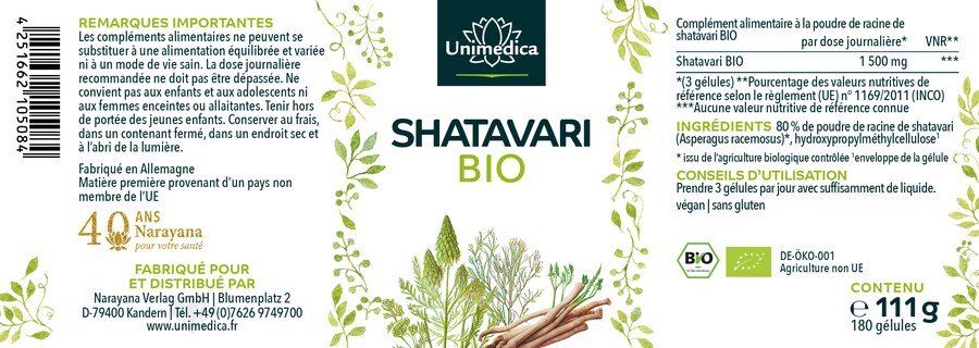 Shatavari BIO  1 500 mg par dose journalière (3 gélules) - 180 gélules - par Unimedica