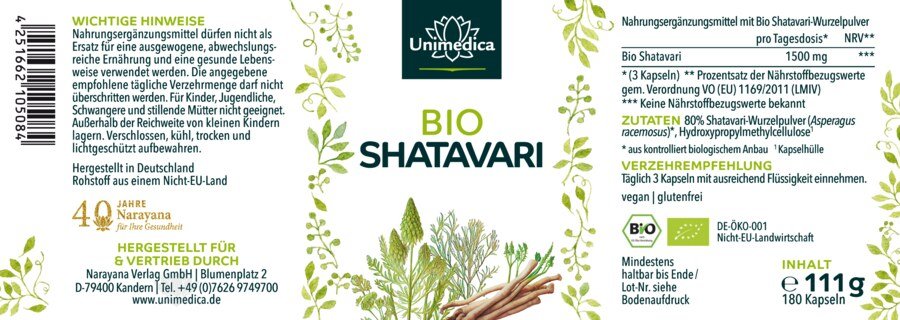 Organic Shatavari - 1500 mg per daily dose (3 capsules) - 180 capsules - from Unimedica