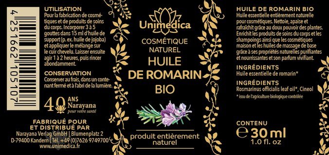Huile de romarin BIO - Rosmarinus officialis - 100 % naturelle - 30 ml - par Unimedica