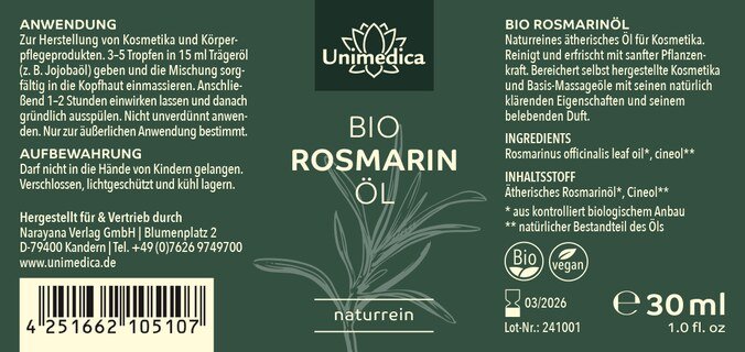 Bio Rosmarinöl - Rosmarinus officinalis - naturrein - 30 ml - von Unimedica