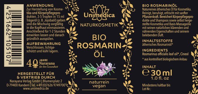 Bio Rosmarinöl - Rosmarinus officinalis - 100 % naturrein - 30 ml - von Unimedica