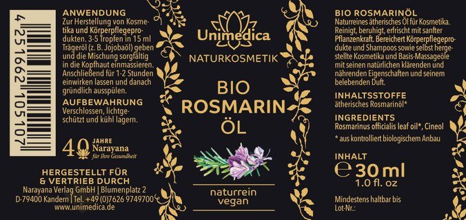 Organic Rosemary Oil  Rosmarinus officinalis  100 % all-natural  30 ml  from Unimedica
