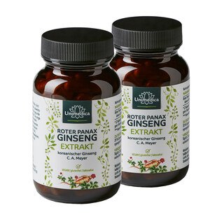 2er-Sparset: Roter Panax Ginseng Extrakt - koreanischer Ginseng C.A. Meyer - 480 mg pro Tagesdosis (2 Kapseln) - 20 % Ginsenoside - 2 x 100 Kapseln - von Unimedica/